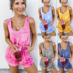 Summer Casual Women Print Playsuits Jumpsuit by Pockets 2019 New Lace Up Jumpsuit Sleeveless Women Fashion Summer Shorts
