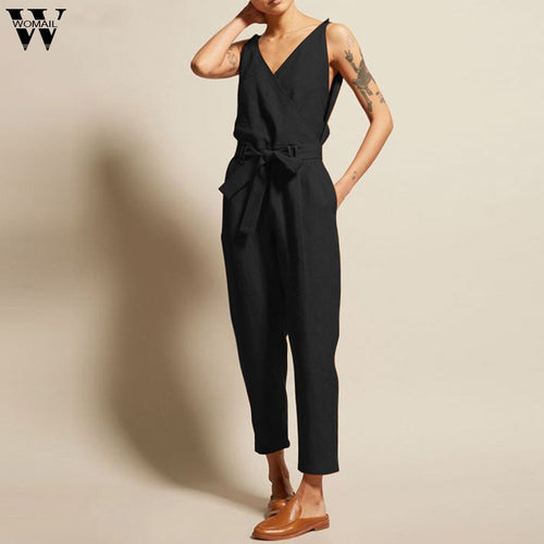 Womail Jumpsuits Women Summer Fashion Short Sleeved Solid Simple Beach Loose 5XL long Jumpsuits with Belt Holiday 2019 M53