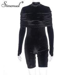 Simenual Skinny Fashion Velvet Black Rompers Women Jumpsuit With Gloves Long Sleeve Fashion Party Ruched Biker Playsuits Autumn