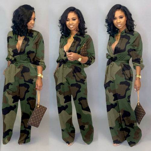 Hirigin Women Fashion Sexy Long Sleeve Button Tie Deep V-Neck Camouflage Loose Jumpsuit Rompers Suits Clubwear