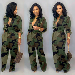 Hirigin Women Fashion Sexy Long Sleeve Button Tie Deep V-Neck Camouflage Loose Jumpsuit Rompers Suits Clubwear