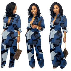Hirigin Women Fashion Sexy Long Sleeve Button Tie Deep V-Neck Camouflage Loose Jumpsuit Rompers Suits Clubwear