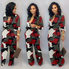 Hirigin Women Fashion Sexy Long Sleeve Button Tie Deep V-Neck Camouflage Loose Jumpsuit Rompers Suits Clubwear