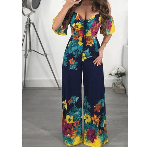 Fashion Women Summer Floral Sleeveless Off Shoulder Jumpsuit Backless Wide Leg Backless Playsuit Casual Bodysuit
