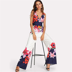 Fashion Women Summer Floral Sleeveless Off Shoulder Jumpsuit Backless Wide Leg Backless Playsuit Casual Bodysuit