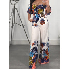 Fashion Women Summer Floral Sleeveless Off Shoulder Jumpsuit Backless Wide Leg Backless Playsuit Casual Bodysuit