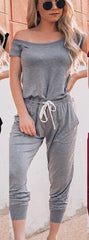 2019 Fashion Women's Off Shoulder Solid Casual Loose Playsuit Bodycon Short Sleeve Jumpsuit Romper Trousers