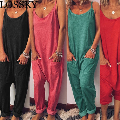 LOSSKY Casual Loose Solid Strap Jumpsuit Sexy Sleeveless Pocket Women Summer Korean Style Rompers Fashion New Playsuits Bodysuit