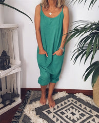 LOSSKY Casual Loose Solid Strap Jumpsuit Sexy Sleeveless Pocket Women Summer Korean Style Rompers Fashion New Playsuits Bodysuit