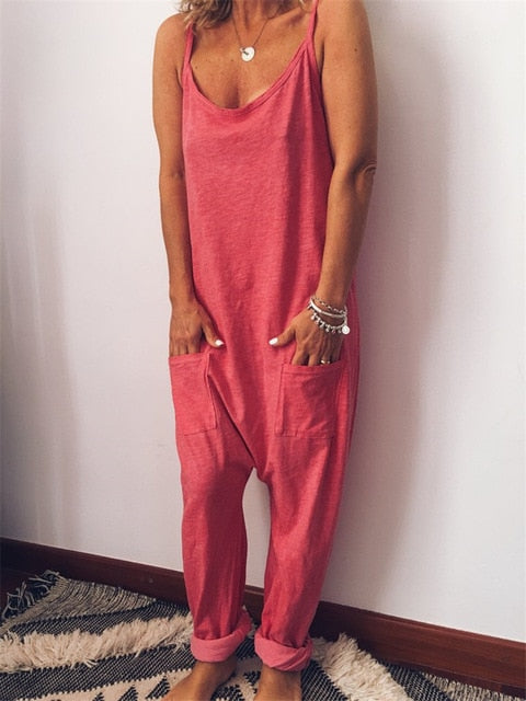 LOSSKY Casual Loose Solid Strap Jumpsuit Sexy Sleeveless Pocket Women Summer Korean Style Rompers Fashion New Playsuits Bodysuit
