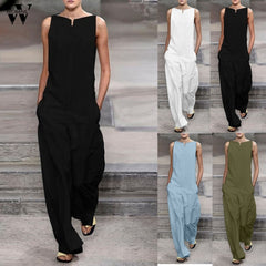 Womail bodysuit Women fashion Sleeveless loose long Jumpsuit Ladies Romper holiday Solid Pockets Wide Leg Playsuit 2019 J613