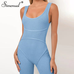 Simenual Ribbed Skinny Casual Biker Shorts Rompers Womens Jumpsuit Sleeveless Sporty Workout Bodycon Fashion Playsuits Solid Hot