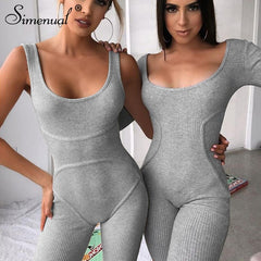 Simenual Ribbed Skinny Casual Biker Shorts Rompers Womens Jumpsuit Sleeveless Sporty Workout Bodycon Fashion Playsuits Solid Hot
