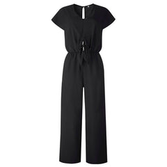 Women V Neck Simple Chic Jumpsuit Fashion Short Sleeve Solid Straight Jumpsuits Playsuits Lady High Street Overall Trouser 2019