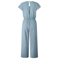 Women V Neck Simple Chic Jumpsuit Fashion Short Sleeve Solid Straight Jumpsuits Playsuits Lady High Street Overall Trouser 2019