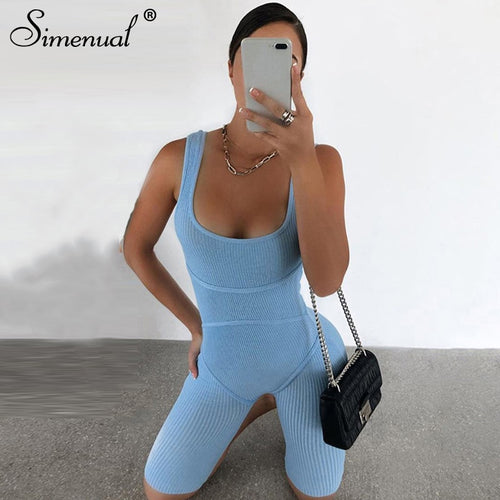 Simenual Ribbed Skinny Casual Biker Shorts Rompers Womens Jumpsuit Sleeveless Sporty Workout Bodycon Fashion Playsuits Solid Hot