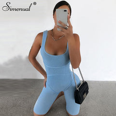Simenual Ribbed Skinny Casual Biker Shorts Rompers Womens Jumpsuit Sleeveless Sporty Workout Bodycon Fashion Playsuits Solid Hot