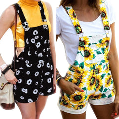 Fashion Women Pockets Sunflower Adjustable Strap Jumpsuit Overall Bib Shorts Dungarees