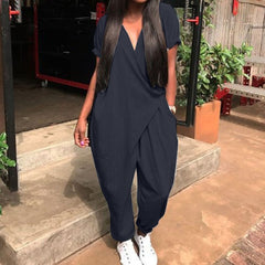 Plus Size Women Jumpsuits 2020 ZANZEA Summer Overalls Fashion Pantalon Pants V Neck Button Playsuits Female Short Sleeve Romeper