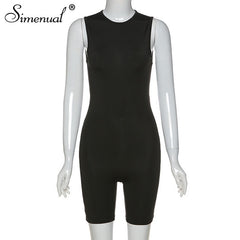 Simenual Casual Solid Fitness Sporty Rompers Women Sleeveless Fashion Active Wear Playsuits Workout Summer Biker Shorts Playsuit