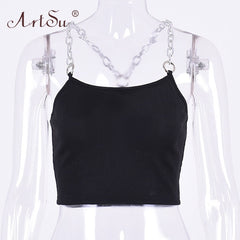 ArtSu Metal Chain Straps Sexy Cropped Tank Top Women 2020 Streetwear Club Crop Top Summer Vest Fashion Black White Green Tops