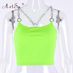 ArtSu Metal Chain Straps Sexy Cropped Tank Top Women 2020 Streetwear Club Crop Top Summer Vest Fashion Black White Green Tops