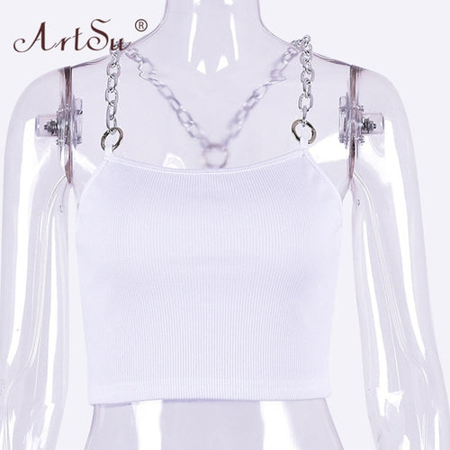 ArtSu Metal Chain Straps Sexy Cropped Tank Top Women 2020 Streetwear Club Crop Top Summer Vest Fashion Black White Green Tops