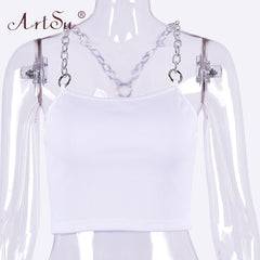 ArtSu Metal Chain Straps Sexy Cropped Tank Top Women 2020 Streetwear Club Crop Top Summer Vest Fashion Black White Green Tops