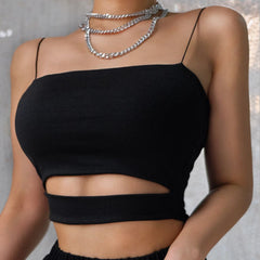 Fashion Female Casual Sexy Chest Hollow Out Crop Top Solid Sexy Women Slim Tank Tops Tee Shirt