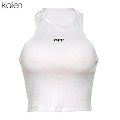 KLALIEN fashion simple solid color print letter white female tank top summer streetwear beach party skinny crop top women