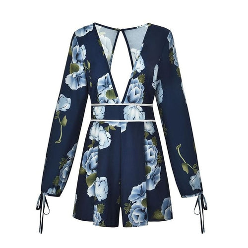 2019 Sexy V Neck Backless Summer Playsuit Women Fashion Printed Casual Summer Short Romper One Piece Long Sleeve Shorts Jumpsuit