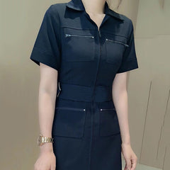 2020 Spring New Women'S Short Sleeve Fashion Multi-Pocket Design Was Thin Belt Jumpsuit Pink Green Bodycon Club Party Jumpsuit