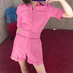 2020 Spring New Women'S Short Sleeve Fashion Multi-Pocket Design Was Thin Belt Jumpsuit Pink Green Bodycon Club Party Jumpsuit