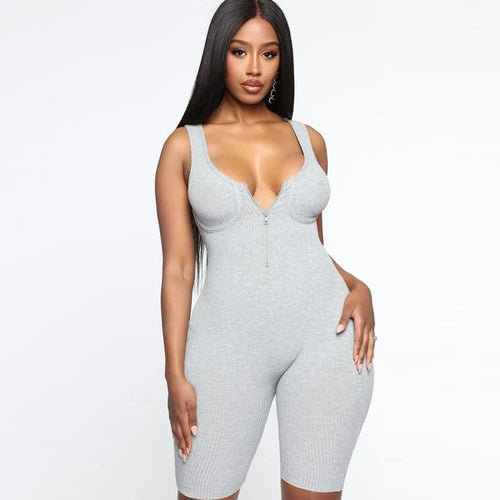 Hugcitar 2020 sleeveless zipped bodycon stretchy playsuit summer women solid fashion streetwear outfits body romper