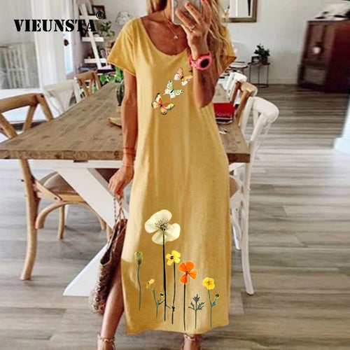 Women Vintage Butterfly Daisy Print Summer Dress Elegant O Neck Short Sleeve Party Dress Ladies Fashion Slit Long Dress Vestidos