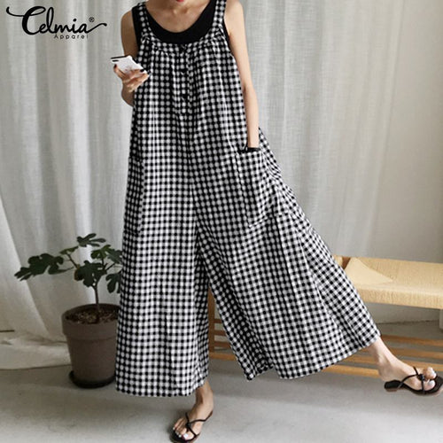 Celmia Women Vintage Plaid Jumpsuits 2020 Fashion Wide Leg Pants Sleeveless Casual Loose Trousers Playsuits Plus Size Overalls 7