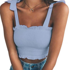 Casual Women Sexy Sleeveless Slim Ruffled Bandage Vest Solid Color Tank Crop Top Fashion Crop Sexy Women Top Summer Vest