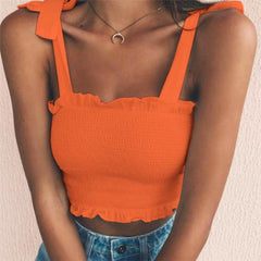 Casual Women Sexy Sleeveless Slim Ruffled Bandage Vest Solid Color Tank Crop Top Fashion Crop Sexy Women Top Summer Vest