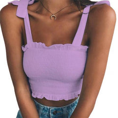 Casual Women Sexy Sleeveless Slim Ruffled Bandage Vest Solid Color Tank Crop Top Fashion Crop Sexy Women Top Summer Vest