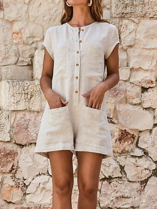 2020 summer new fashion short-sleeved round neck tooling jumpsuit shorts casual waist slimming jumpsuit