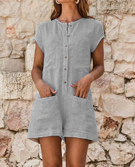2020 summer new fashion short-sleeved round neck tooling jumpsuit shorts casual waist slimming jumpsuit