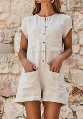 2020 summer new fashion short-sleeved round neck tooling jumpsuit shorts casual waist slimming jumpsuit