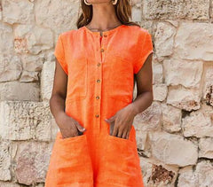 2020 summer new fashion short-sleeved round neck tooling jumpsuit shorts casual waist slimming jumpsuit