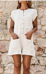 2020 summer new fashion short-sleeved round neck tooling jumpsuit shorts casual waist slimming jumpsuit