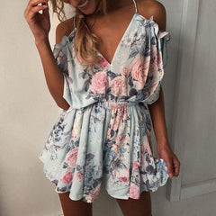 Women Girls New Fashion Bohemian Spaghetti Strap Loose V-Neck Playsuits Summer Off The Shoulder Floral Print Jumpsuits Hot