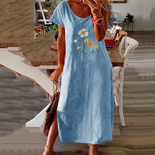 Women Vintage Butterfly Daisy Print Summer Dress Elegant O Neck Short Sleeve Party Dress Ladies Fashion Slit Long Dress Vestidos