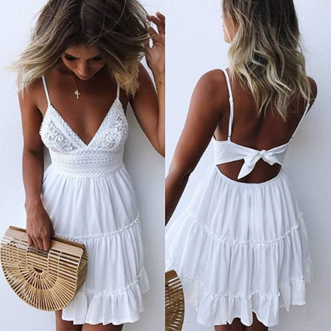 new Girls White Summer Bohemian Mini Dress Women Fashion Spring Solid White Mini Lace Casual Clothes V-neck Long Sleeve Dresses
