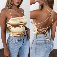 High Quality 2020 New Fashion Women Sexy Style Satin Silk Backless Back Bandage Vest Blouse Tops Strappy Summer Beach Cami Tank