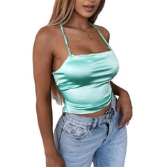 High Quality 2020 New Fashion Women Sexy Style Satin Silk Backless Back Bandage Vest Blouse Tops Strappy Summer Beach Cami Tank