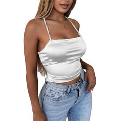 High Quality 2020 New Fashion Women Sexy Style Satin Silk Backless Back Bandage Vest Blouse Tops Strappy Summer Beach Cami Tank